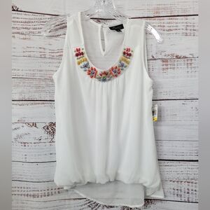 Thalia Sodi Bright White Beaded Neckline Hi Lo Sleeveless Blouse In Size Medium